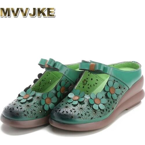 MVVJKE Spring Handmade Cow Leather Wedges Womens Shoes Ethnic Style Hollow Flower Woman Slippers Summer Breathable Sandal