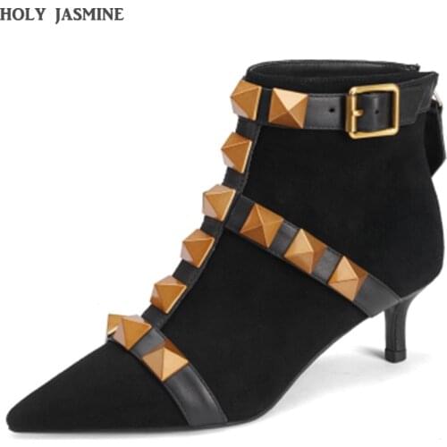 Women Back Zipper Ankle Boots Womens Fashion Rivet Shoes Woman Leather Buckle Strap Ladies Thin Heels Female Punk Rome Footwear