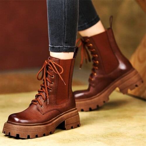 Military Creepers Women Genuine Leather Round Toe Ankle Boots Motorcycle Buckle Chunky Creeper Shoe 34 35 36 37 38 39