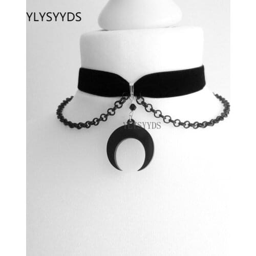 Goth Black Velvet Chain Crescent Moon Choker Witch Necklace Punk Halloween Handmade Jewelry Gorgeous Women Wedding Gift Vintage