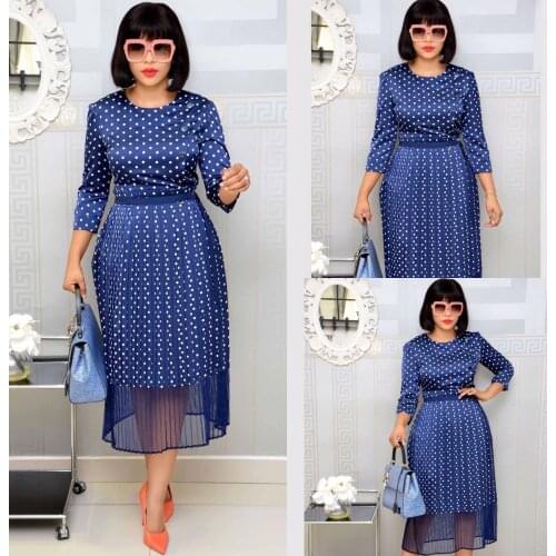 Women Plus Size Long Office Midi Dress Female 2020 Blue Dot Elegant Party Dresses And Mesh