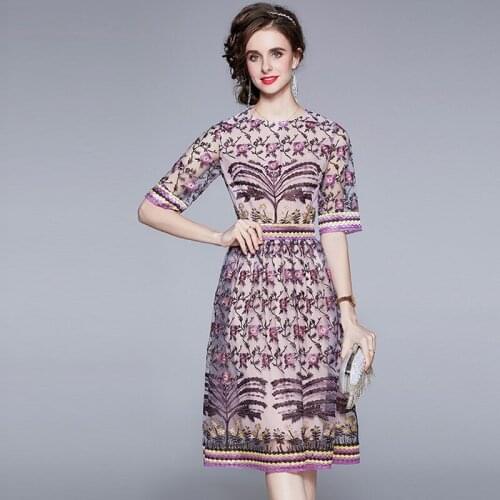 New 2021 Fashion Runway Summer Dress Womens Short Sleeve Vintage Floral Embroidery Elegant Mesh Hollow Out Midi Dresses