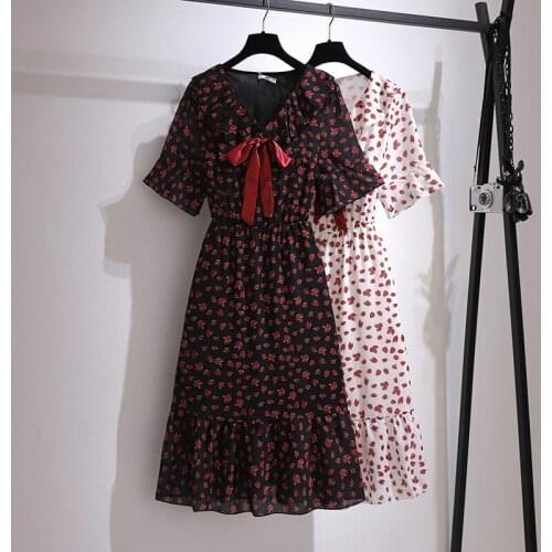 2021 Summer Oversize Women Bow Print Chiffon Dress Short-Sleeve Double-Layer Elastic Waist Slim Beach Dress Plus Size 6XL KW1116