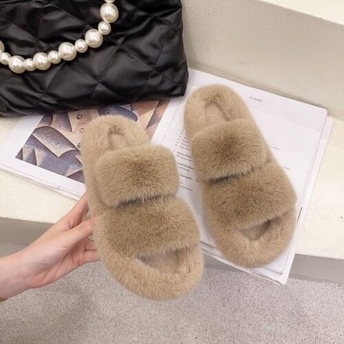 Winter Indoor Women Fur Slippers Fluffy Soft Furry Slides Thick Flats Heel Non Slip House Shoes Ladies Luxury Design Footwear