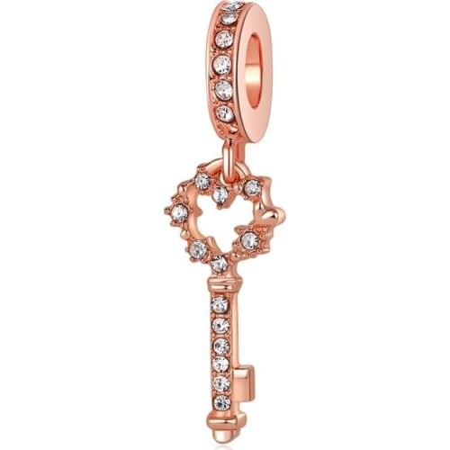 5PCS Wholesale Rose Gold Color Crystal Key Shape Alloy Pendants Fit Zinc Alloy Charms Bracelets DIY Women Jewelry Accessories