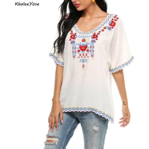 KHALEE YOSE White Floral Embroidery Blouse Shirt Cotton Summer Mexican Shirt Oversized Plus Size Up 2xl 3XL Ethnic Ladies Shirt