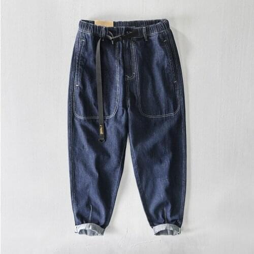 Z371 Men Cargo Jeans Casual Japan Style Fashion Urban Washing Regular-Fit Stretch Waist Simple Solid Color Blue Denim Trousers