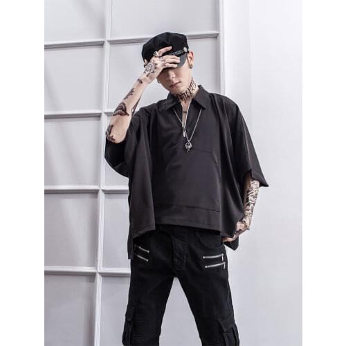 Ins dark black oversize bat sleeve Lapel t-shirt mens super loose Cape top Dj fashion Cape summer