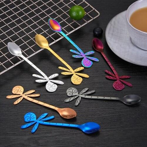 1PC Stainless Steel Coffee Mixing Spoon Colored Dragonfly Shape Spoon Tableware Tea Dessert Fruit Ice Cream Scoop Accessories