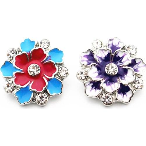 Mixs 3pcs/lot Metal Enamel Colorful Flower Rhinestone Snap Button Charms Fit 18mm DIY Snap Button Bracelet Necklace Jewelry
