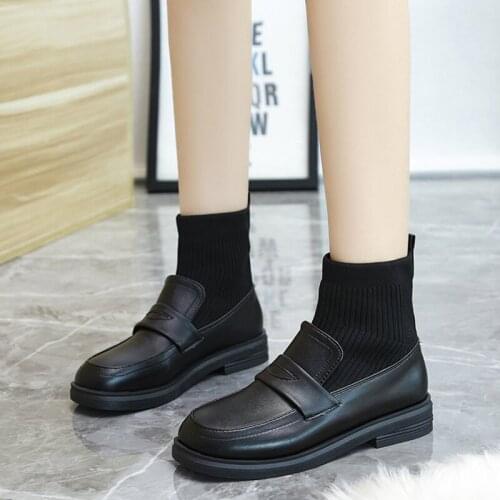Japan Style Fashion Women Ankle Sock Boots Girly Girl Lolita JK Uniform Shoes Femals Flat Skinny Boots Loafer Casual Shoes