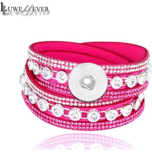 New Interchangeable Crystal 086 Rhinestones Velvet Leather Bracelet 18mm Snap Button Jewelry Charm Bangle For Women Gift 39cm