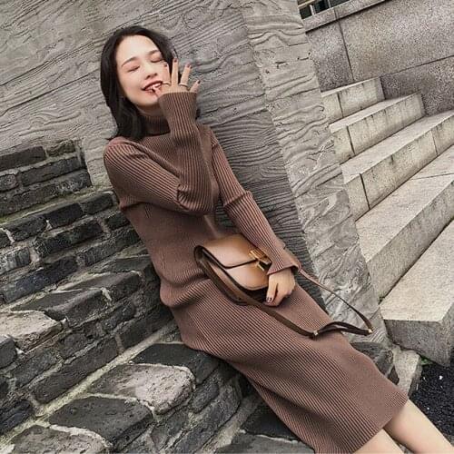 Casual Dresses Knitted Pullover Female Long-sleeved Mid-length Autumn Winter Warm Turtleneck Sweater Base Skirt Dress For Women
