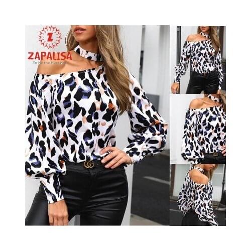 Zapalisa Spring Slash Neck Off Shoulder Sexy Halter Pullover Shirt Hollow Out Elegant Long Sleeve Leopard Women Tops and Blouses