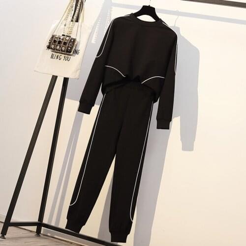 Women black plus size sports set 2020 autumn new O neck sweatshirt striped top and casual pants big clothes matching cloth suit