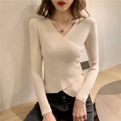 Womens Thin Criss-Cross Sweaters Spring Autumn Solid Long Sleeve Ladies Slim Jumper V Neck Casual Knitted Tops for Female