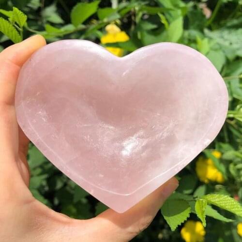 1PC 9-10CM Natural Crystal Rose Quartz Heart Bowl Ashtray with Crystal Hand Carved Stone Handled with Gem Decoration