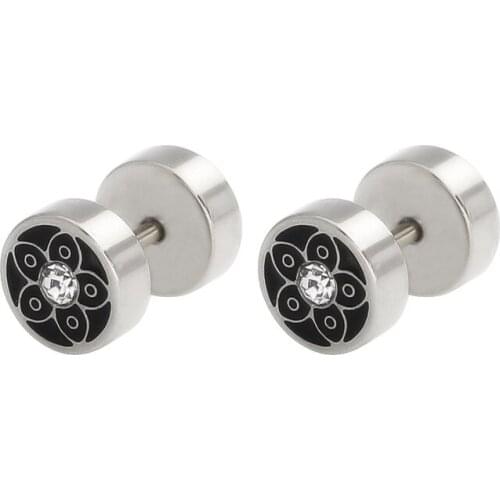 2019 Punk Barbell Round Cake with Zircon Stainless Steel Titanium Steel Plum Pattern Dripping Oil Earrings Puncture Jewelry