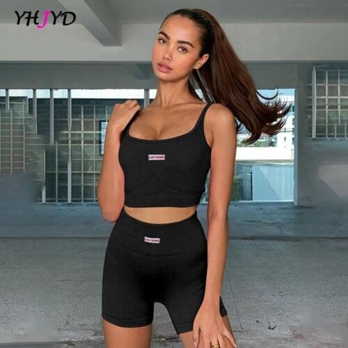 2021 Solid Letter Label Womens Two Pieces Set Knitting Ribbed Gym Casual Crop Camisole & Shorts Active Tracksuit Suits