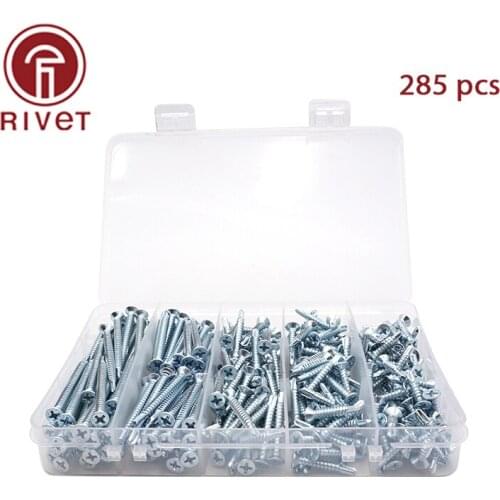 285Pcs/Set M4.0*20/25/30/40/50mm Phillips Cross Flat Head Self Tapping Screws Drilling Tail Screw Carbon Steel Galvanized Screws