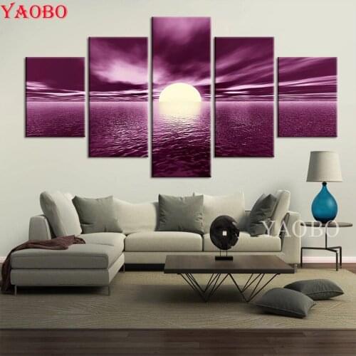 5 Panels Sunset Reflection on the Lake diamond painting 3d pictures of Rhinestones Embroidery Crafts mosaic daimond full round