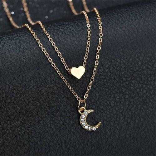 5 style Double Layer Gold Chain Love Heart Pendants Necklace For Women Crystal Moon Chocker Necklaces collier femme Jewelry Gift