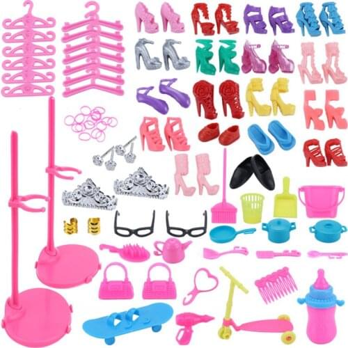 73 Item/Set Doll Accessories for Barbie Doll=18 Shoes+23 Hair Accessories+16 Doll House Furniture+12 Hangers+2 Glasses+2 Bags