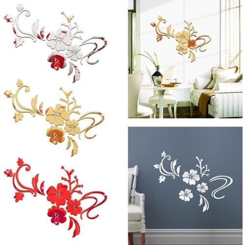Romantic Flower Acrylic Mirror Wall Stickers TV Wall Art Flower Vine DIY Decor Sticker Living Room Home Decoration