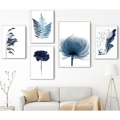 Watercolor Blue Plant Leaves Minimalist Nordic Flower Plant Decorative Canvas Painting Wall Art Picture Poster Home Decor