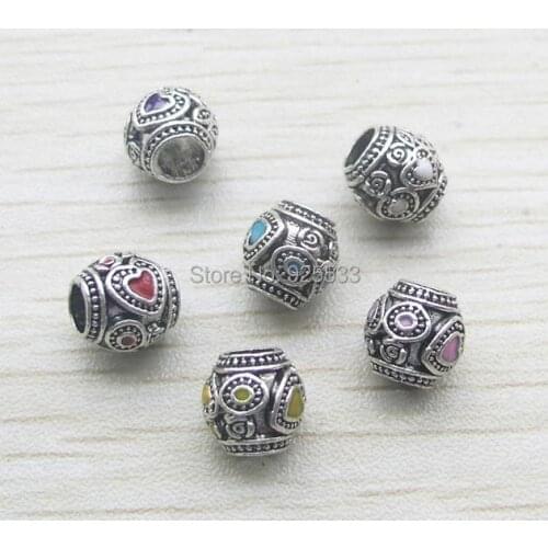 Free Shipping 50pcs 10mm mix color heart design antique silver plated colorful plated big hole beads for European bracelet DIY