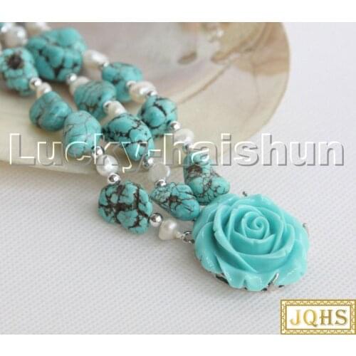 8" 3row Natural baroque white pearls blue turquoise bracelet turquoise clasp c147