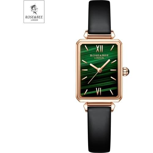 ROSE&BEE Fashion Women Wrist Watch Green Square Dial Elegant Quartz Watches Leather Luxury Starry Sky Wristwatches Womans Gift