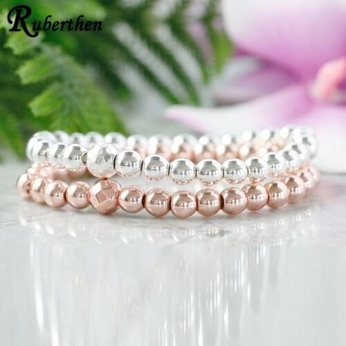 Ruberthen 6 mm Dainty Stacking Plated Gold Color Hematite Bracelet Delicate Minimalist Stretch Bracelet Anxiety Relief Jewelry