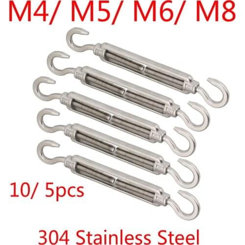 304 Stainless Steel European Style Hook & Hook M4/ M5/ M6/ M8 Turnbuckles Adjustable Wire Rope Tensioners 10/ 5pcs