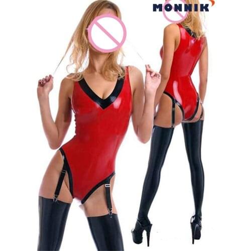 MONNIK latexSexy V-Neck Red Latex Leotard Garters With Black Stockings Gummi 0.4mm Nightclub