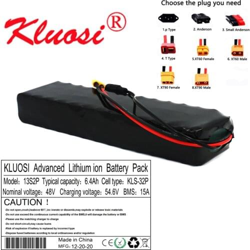 KLUOSI 48V 6.4Ah 6Ah 13S2P 500Watt 54.6V Lithium Battery Pack Built-in 15A BMS for Electric Bike Scooter Skateboard Bicycle Etc