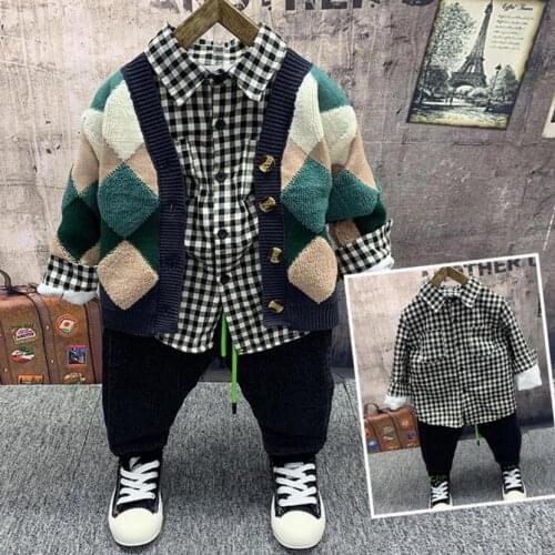 New Childrens Suit Winter Sets Childrens Wear, Boys Knit Cardigan,plush T-shirts, plush jeans 3pcs Pieces of boys sets 2-6Yr