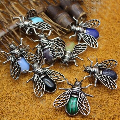 Wholesale 6pcs/lot Natural Stone Rosed Quartz Green Agatess animal cicada pendant Golden Stone brooch women brooch hand made