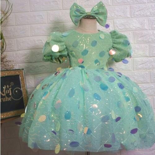 Baby Girls dot Sequin Dress puff sleeve Wedding ball Gown Children Kids piano show For Girls Party