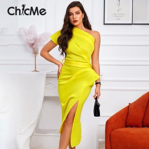 Chicme 2021 Fashion Solid Color One Shoulder Ruched Skinny Side Slit Short Sleeve Irregular Party Dress