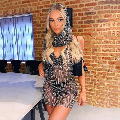 Sexy vintage see through Sequin halter night club mini summer dress women beach party bikini Cover bodycon dress evening dresses