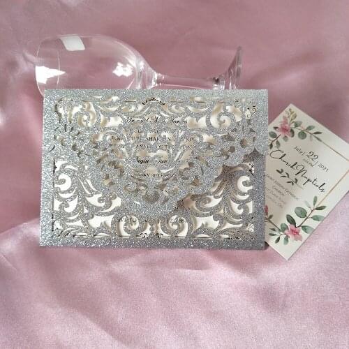 25pc Silver Wedding Invitations with Personalized Print Glitter Greeting Cards for Party