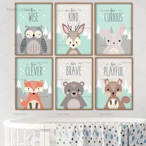 Modern Canvas Painting Owl Rabbit Bear Fox Deer Nursery Wall Art Cartoon Posters and Prints Wall Pictures for Living Room Decor