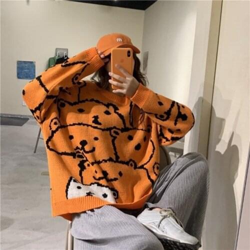 Women Sweater Cute Bear Print Round Collar Long Sleeve Pullover Kawaii Loose Casual sweater couple Winter Tops