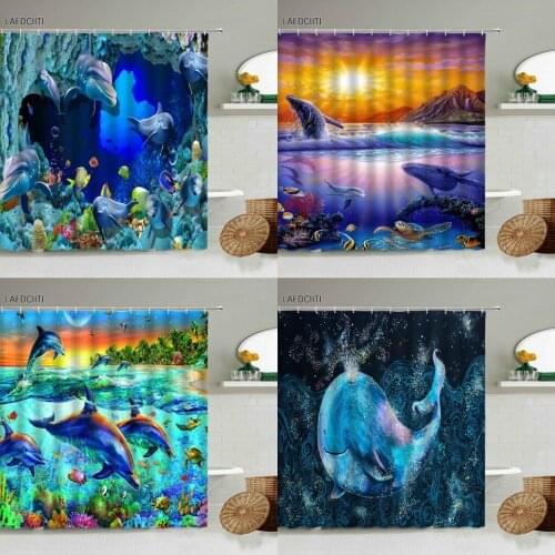 Dolphin Shower Curtain Tropical Ocean Animal World Child Bathroom Dream Theme Home Decor With Hook Hanging Waterproof Curtains