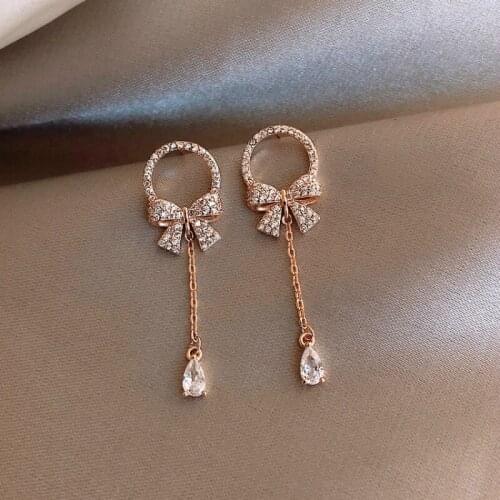 Zeojrlly Metal Trendy Water Drop Women Dangle Earrings Bow Tassel Earrings Korean Earrings Zircon Long Jewelry Jewelry