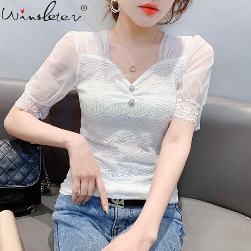 Summer European Style Mesh T-Shirt Fashion Sexy V-Neck Patchwork Lace Women Tops Short Sleeve Tee All Match New 2021 T14608A