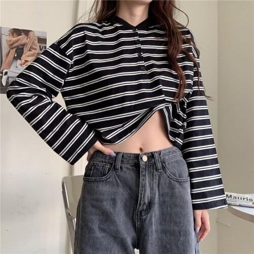 Harteen Vintage Spriped Tshirts Summer Ladies Long Sleeve Turn-Down Collar Fashion Button Basic T Shirt Women Cotton Clothing