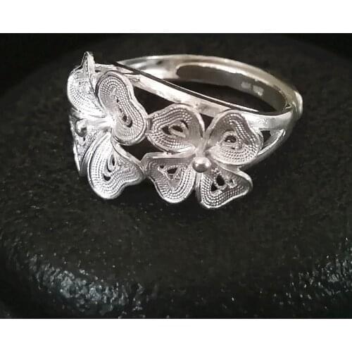 Four Leaf Clover Flower 999 Sterling Silver Rings For Women Engagement Ring Adjustable Handmade Ethnic Luxury Jewelry Wedding