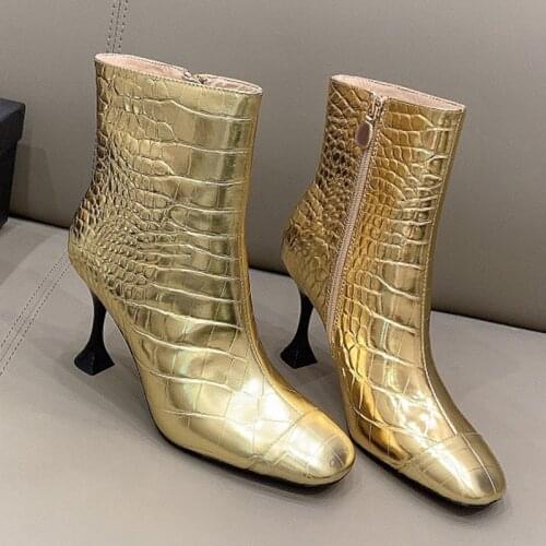 New Fashion Super High Heels Boots Brand Design Autumn Winter Square Toe Leather Women Shoes Luxury Ankle Zip Female Boots